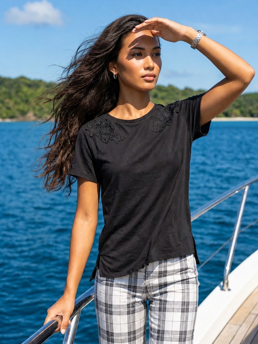 bobeau Black Short Sleeve Tee with Shoulder Embroidery